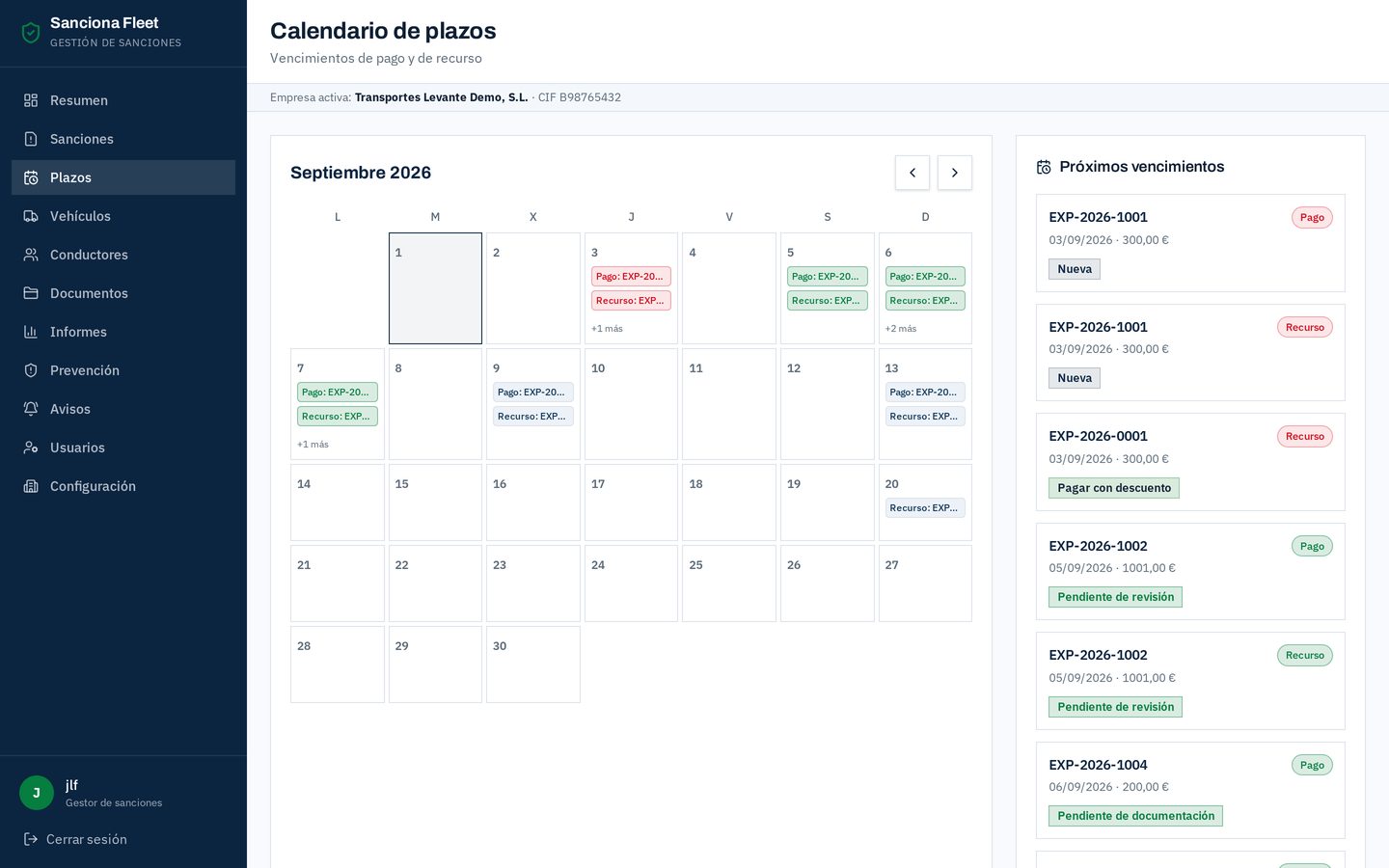 Pantalla de calendario de Sanciona Fleet