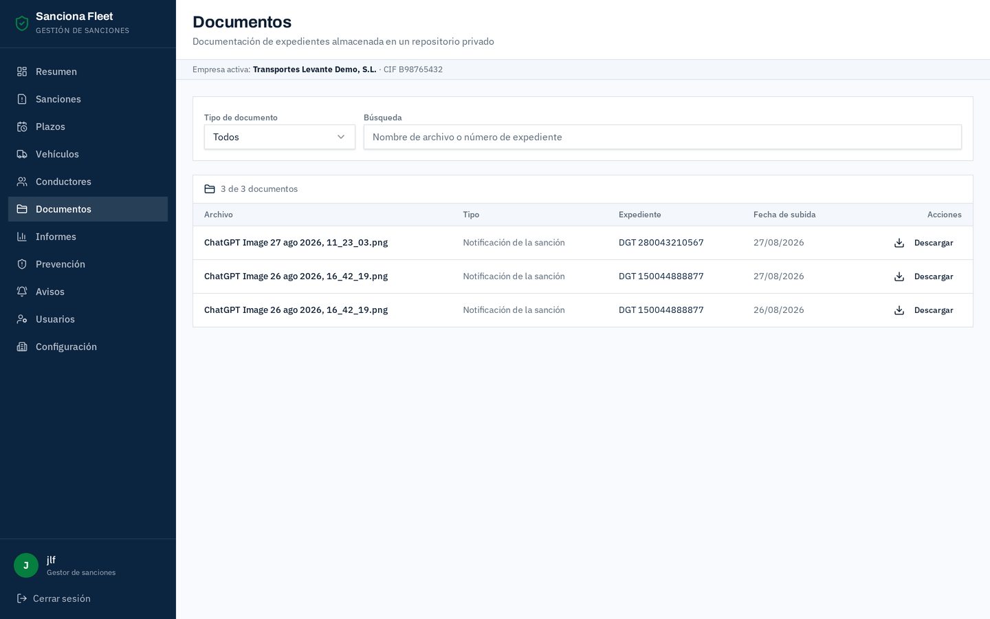Pantalla de documentos de Sanciona Fleet